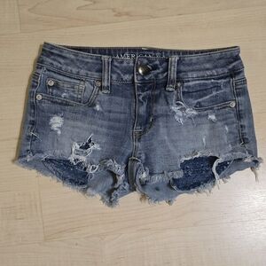American Eagle Outfitters Distressed Jean Shortie Shorts Size: 0